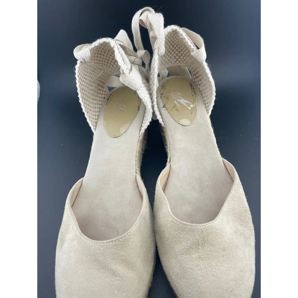 Boden Suede Lace Up Espadrille Wedges Beige Tan Ankle Tie Spain EU 39 US 8.5 9